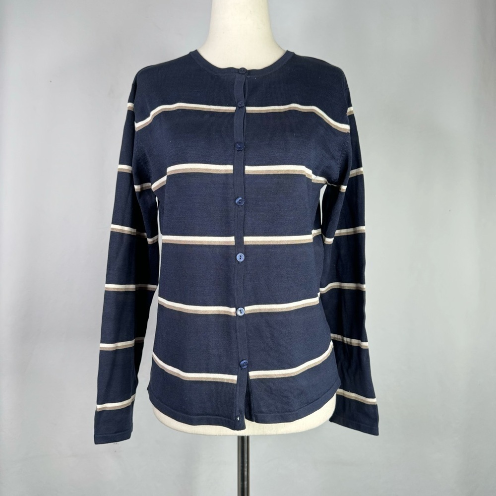 Pendleton cardigan sweater silk blend navy ivory tan stripes Small
